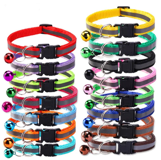 Cat & Puppy Reflective Stripe Collar With Bell - 15 Colours