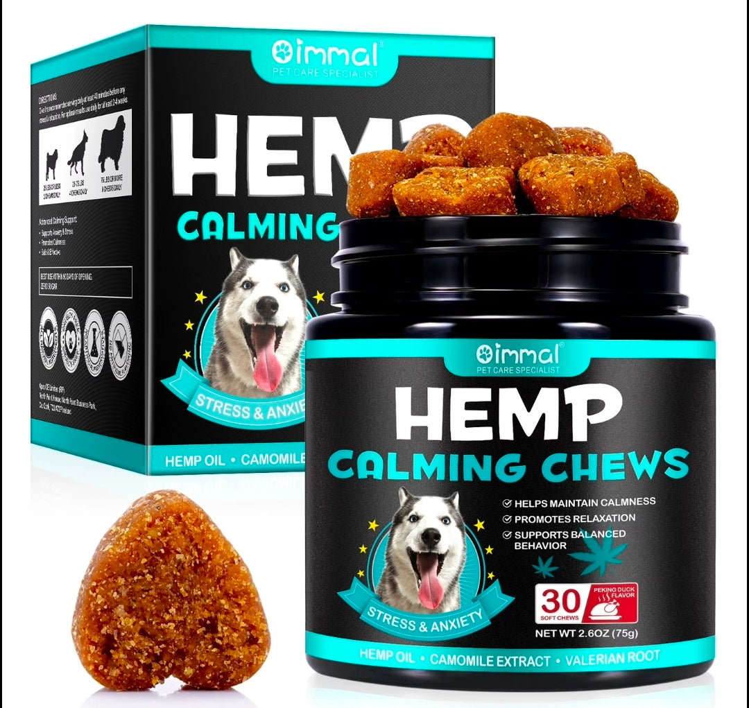 Hemp Calming Chews for dogs - jar and box with soft chews